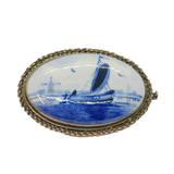 Sterling Silver Delft Painted Ceramic Sailing Scene Brooch Pin Antique c1930