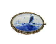 Sterling Silver Delft Painted Ceramic Sailing Scene Brooch Pin Antique c1930