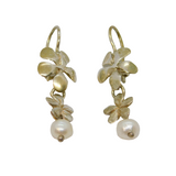 Pair of Sterling Silver Freshwater Pearl Floral Dangly Earrings Modern c1990