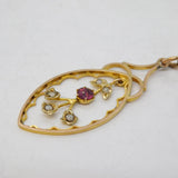 Edwardian 10ct Gold, Pink Paste & Pearl Lavalier Drop Pendant Antique c1910