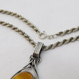 Sterling Silver Modernist Baltic Amber Drop Pendant Necklace Vintage c1960