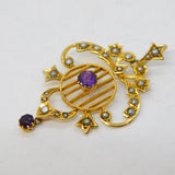 Edwardian 9ct Yellow Gold, Amethyst & Seed Pearl Lavalier Pendant Antique c1910