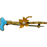 Victorian Gold Plated, Blue Enamel & Pearl Hunting Crop Brooch Antique c1890