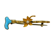 Victorian Gold Plated, Blue Enamel & Pearl Hunting Crop Brooch Antique c1890