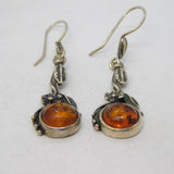 Sterling Silver & Baltic Amber Floral Drop Earrings Vintage c1980s