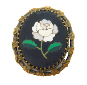 19th Century Gilt Metal Set Pietra Dura Floral Brooch Pin Antique c1880s