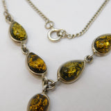 Sterling Silver & Cabochon Green Amber Drop Necklace Vintage c1970