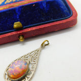 White Metal & Opal Drop Charm Pendant Vintage c1970