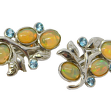 Pair of Sterling Silver Opal Cabochon & Blue Topaz Clip Earrings Vintage c1970