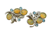 Pair of Sterling Silver Opal Cabochon & Blue Topaz Clip Earrings Vintage c1970
