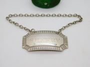 Sterling Silver Line Pattern Sherry Decanter Label Vintage 1960 Birmingham