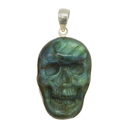 Large Sterling Silver Mounted Carved Labradorite Skull Pendant Vintage c1980s
