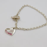Sterling Silver Pink Crystal Set Heart Charm T-Bar Bracelet Contemporary c2000