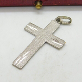 Brushed Sterling Silver Patterned Cross Charm Pendant Vintage c1970