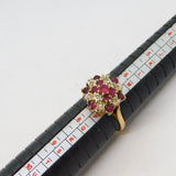 9ct Yellow Gold, Ruby & Diamond Floral Cluster Ring Vintage London