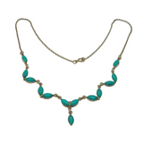 Sterling Silver Turquoise Set Leaf Shapes Collar Necklace Modern c1990s