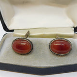 Boxed Pair of Sterling Silver & Cabochon Carnelian Agate Gents Cufflinks Vintage