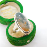 .835 Grade Silver Cabochon Cut Moss Agate Set Signet Ring Vintage c1970