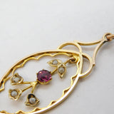 Edwardian 10ct Gold, Pink Paste & Pearl Lavalier Drop Pendant Antique c1910
