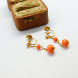 9ct Yellow Gold & Carved Ball Red Coral Drop Clip-On Earrings c1880 Antique