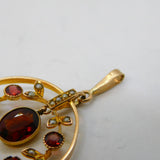 Edwardian 9ct Rose Gold, Garnet & Seed Pearl Lavalier Pendant Antique c1910s