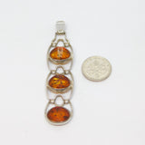 Sterling Silver Triple Baltic Amber Hinged Long Drop Charm Pendant Vintage c1970