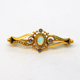 Edwardian 9ct Gold, Opal, Sapphire & Seed Pearl Floral Bar Brooch Antique c1910s