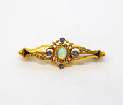 Edwardian 9ct Gold, Opal, Sapphire & Seed Pearl Floral Bar Brooch Antique c1910s