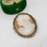 .800 Silver, Marcasite & Carved Shell Female Cameo Brooch Pin Antique c1930