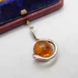Sterling Silver Modernist Baltic Amber Set Drop Pendant Vintage c1960