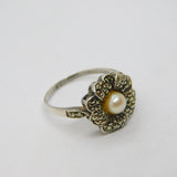 Sterling Silver Pearl & Marcasite Floral Art Deco Band Ring Antique c1930 Size Q