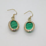 Pair of Sterling Silver Oval Cabochon Malachite Hook Drop Earrings Vintage c1970