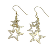 Pair of Sterling Silver Triple Open Stars Long Drop Earrings Vintage c2000