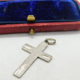 Brushed Sterling Silver Patterned Cross Charm Pendant Vintage c1970