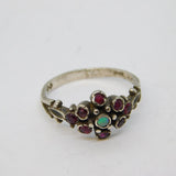 Sterling Silver, Ruby & Opal Floral Cluster Ring Vintage 1977 London