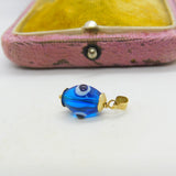 14ct Yellow Gold & Glass Blue All Seeing Eye Drop Pendant Vintage c1980