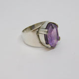 Sterling Silver Modernist Large Faceted Amethyst Dress Ring Vintage c1970 Size N