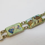 Egyptian Revival Silver Plated Enamel Ancient Vista Panel Bracelet Antique c1940