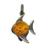 Sterling Silver Baltic Amber Set Angel Fish Charm Pendant Vintage c1970