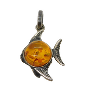 Sterling Silver Baltic Amber Set Angel Fish Charm Pendant Vintage c1970