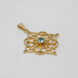 Sterling Silver Gilt Eastern Style Blue Topaz Filigree Pendant Vintage c1970s