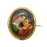 Victorian Gold Plated Painted Porcelain Mother & Child Brooch Antique