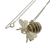 Sterling Silver & Tiger's Eye Set Bumble Bee Pendant Necklace Vintage