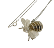 Sterling Silver & Tiger's Eye Set Bumble Bee Pendant Necklace Vintage