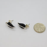 Pair of Sterling Silver Black Onyx Agate Leaf Form Stud Earrings Modern c2000