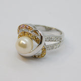 Sterling Silver Faux Pearl & Multi-Colour Cocktail Ring Vintage c1970 Size K