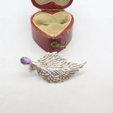 Sterling Silver & Amethyst Set Art Nouveau Leaf Form Brooch Vintage c1980