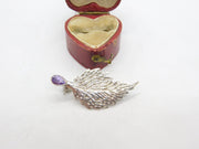 Sterling Silver & Amethyst Set Art Nouveau Leaf Form Brooch Vintage c1980