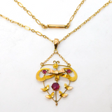 Edwardian 9ct Yellow Gold & Pink Paste Lavalier Pendant Necklace Antique c1910
