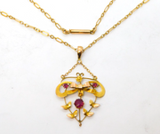 Edwardian 9ct Yellow Gold & Pink Paste Lavalier Pendant Necklace Antique c1910
